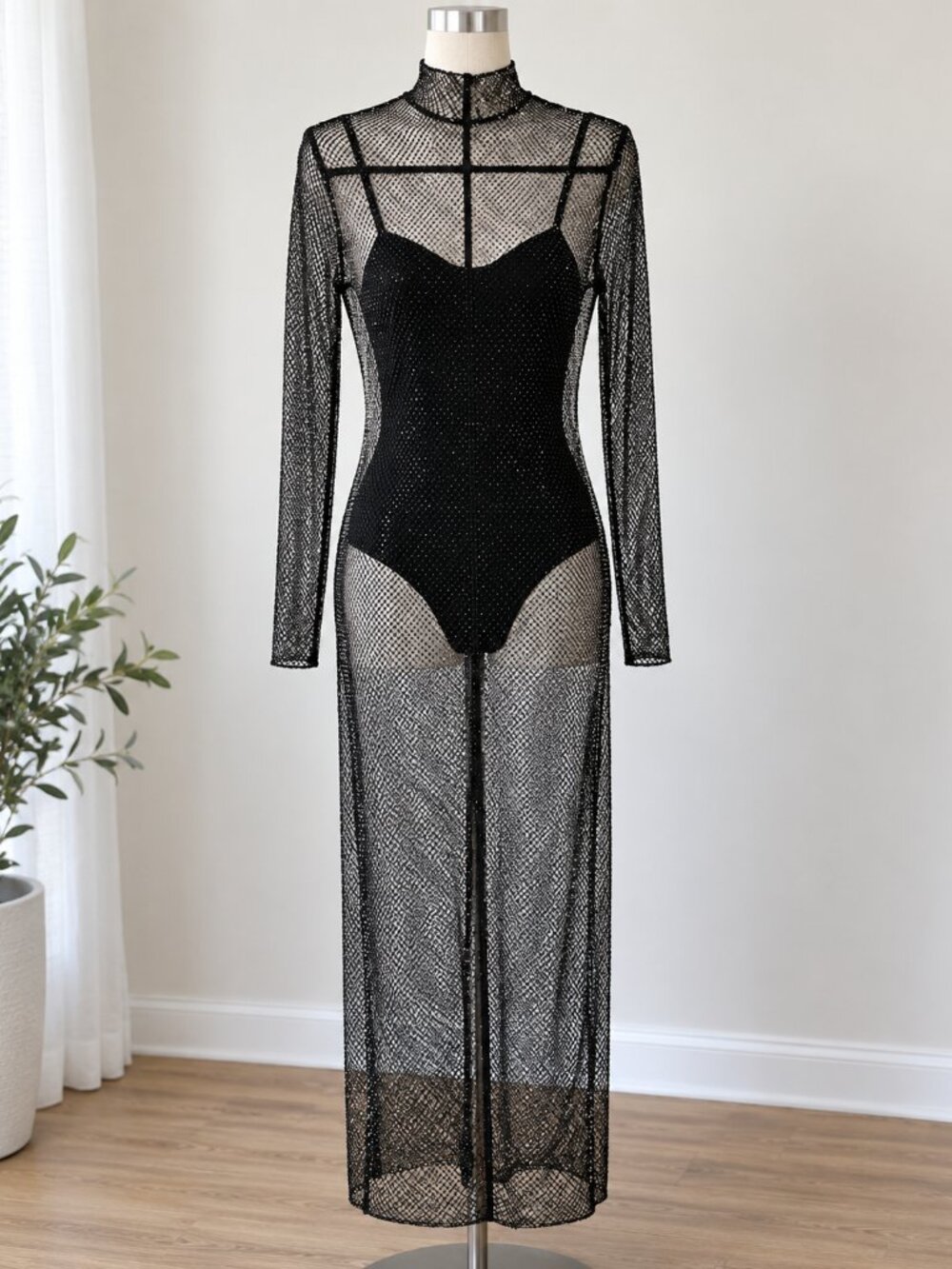 Ieena Mac Duggal Black Sheer Mesh Embellished Maxi Dress Bodysuit Gown
